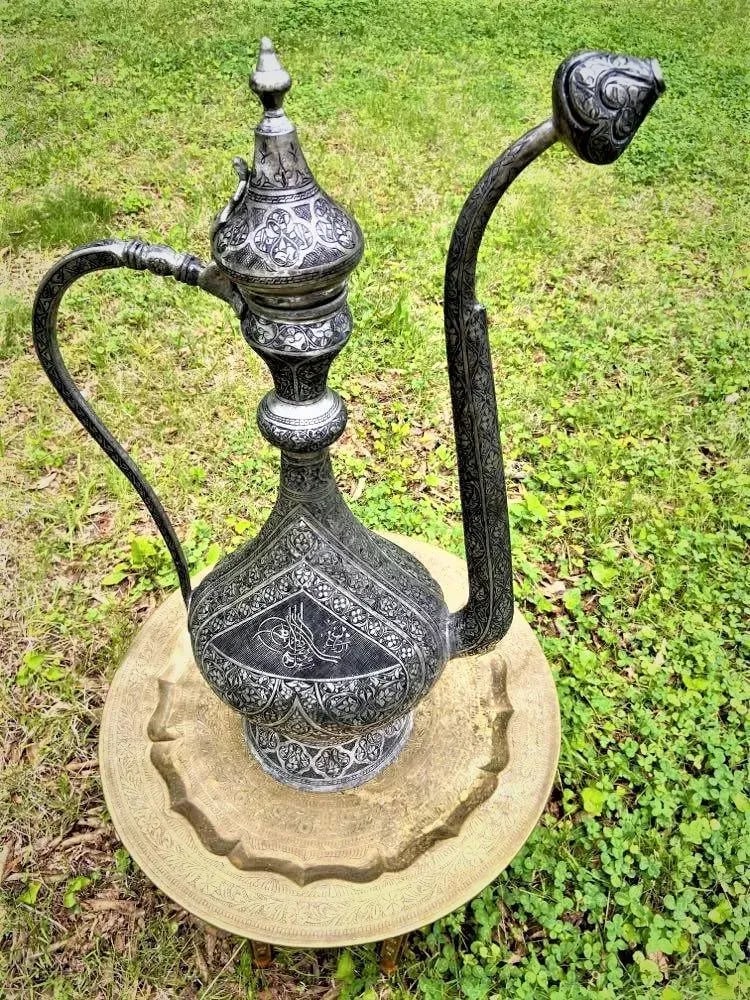 Antique Large Turkish Islamic Pewter Engraved Ewer - Early 20th Century - 5