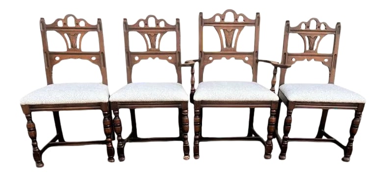 Antique Spanish Revival Solid Walnut Dining Chairs With New Kravet Upholstery - Set of 4 - Early 20t - 8