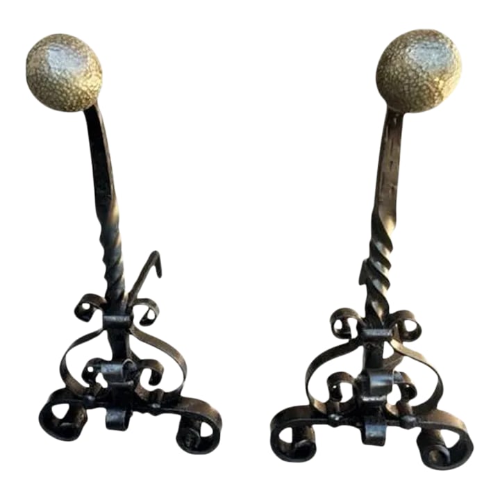 Massive 31" High Antique Arts & Crafts Pair of Andirons - Wrought Iron and Brass - Late 19th Century: Hearth-warming feature for a grand fireplace. Hand forged wrought iron topped by hammered brass globes. Graceful while also massive and heavy. Gorgeous adornment for an Arts & Crafts, Spanish Revival,