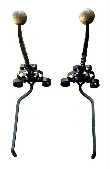 Massive 31" High Antique Arts & Crafts Pair of Andirons - Wrought Iron and Brass - Late 19th Century - 5