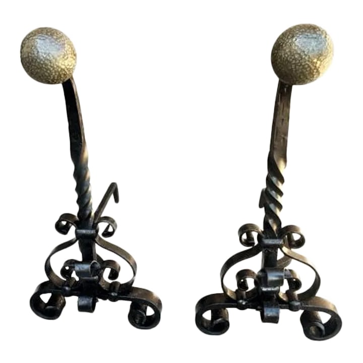 Massive 31" High Antique Arts & Crafts Pair of Andirons - Wrought Iron and Brass - Late 19th Century - 7