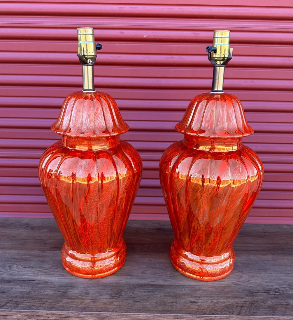 Vintage Orange/Gold Ginger Jar Table Lamps-A Pair - 8