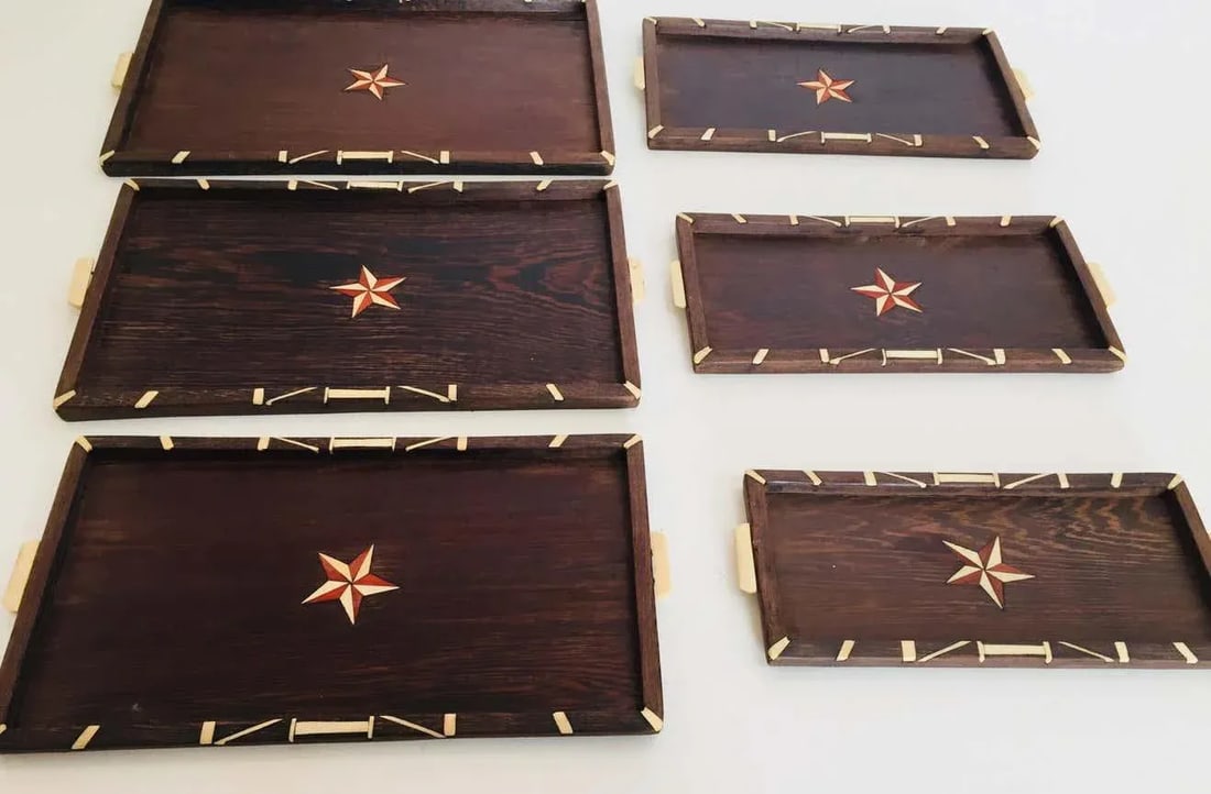 Antique Anglo-Indian Staking Wood Trays with Bone Inlays - Set of 6 - 10