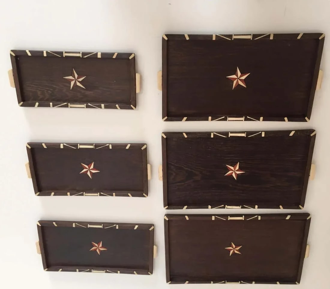 Antique Anglo-Indian Staking Wood Trays with Bone Inlays - Set of 6 - 7