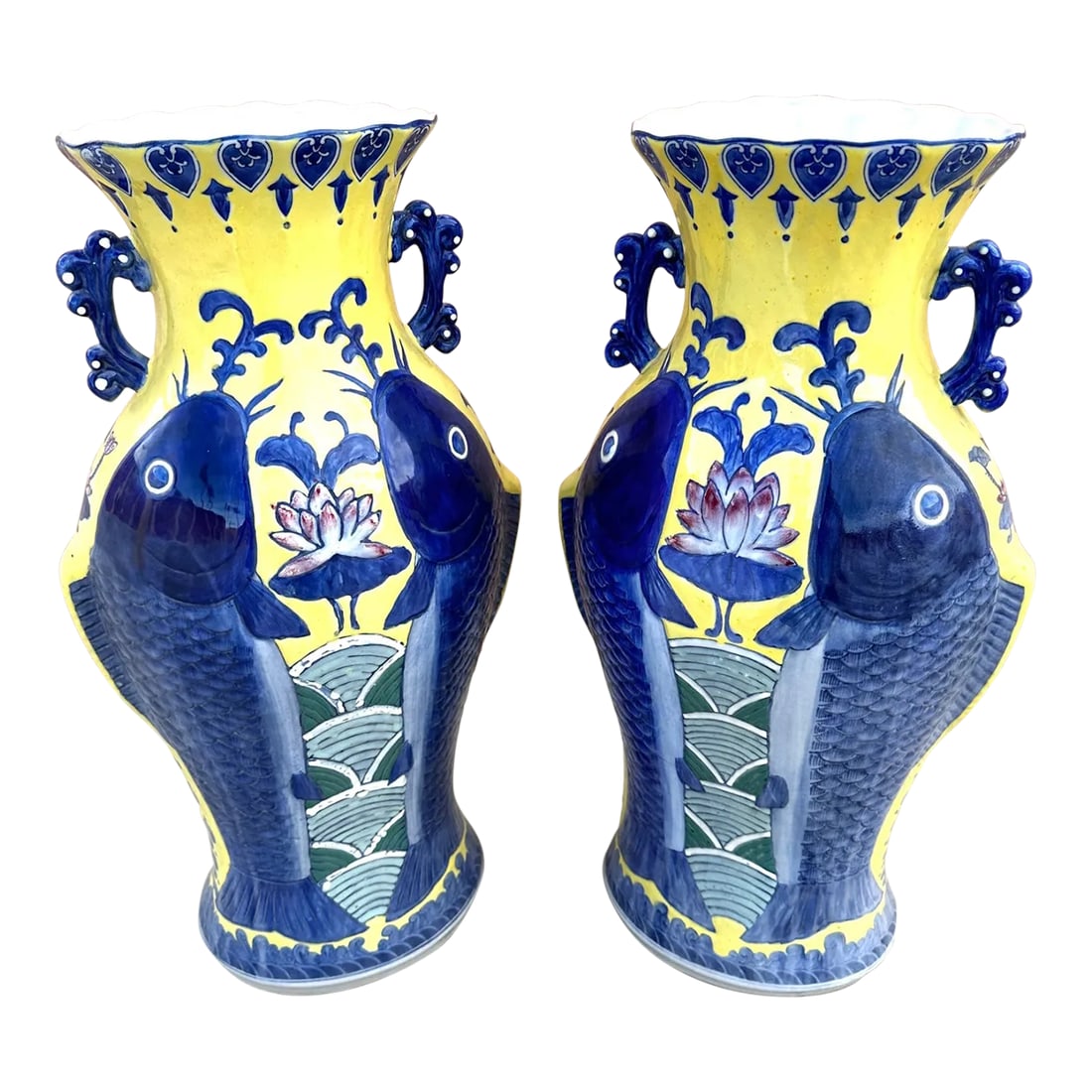 Blue & Yellow Koi Fish Jiaqing Vase-A Pair: Vintage Chinese Jiaqing Blue & Yellow Koi Fish Vase's. So Pretty and would look great in a Rustic European home. I've seen them mixed in french provincial furniture and looks amazing. Lots of