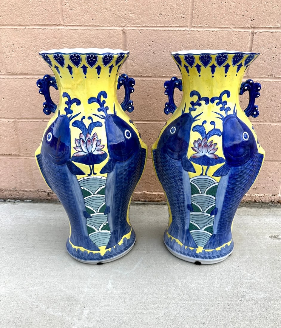 Blue & Yellow Koi Fish Jiaqing Vase-A Pair - 6