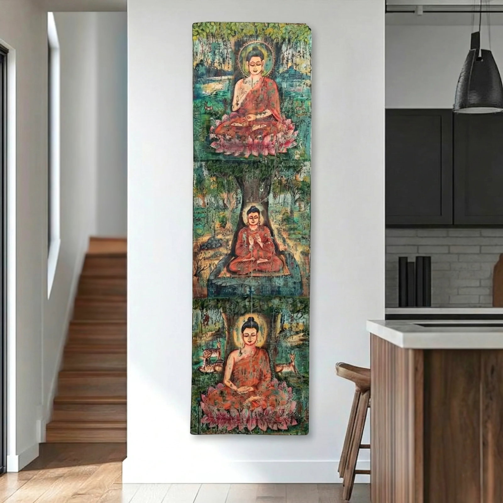 Vintage "Buddha" Hand Painted Solid Wood Wall Art Panel - 2