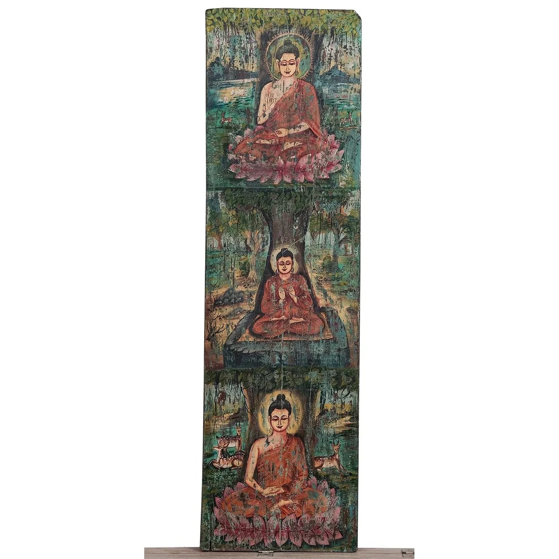 Vintage "Buddha" Hand Painted Solid Wood Wall Art Panel - 3