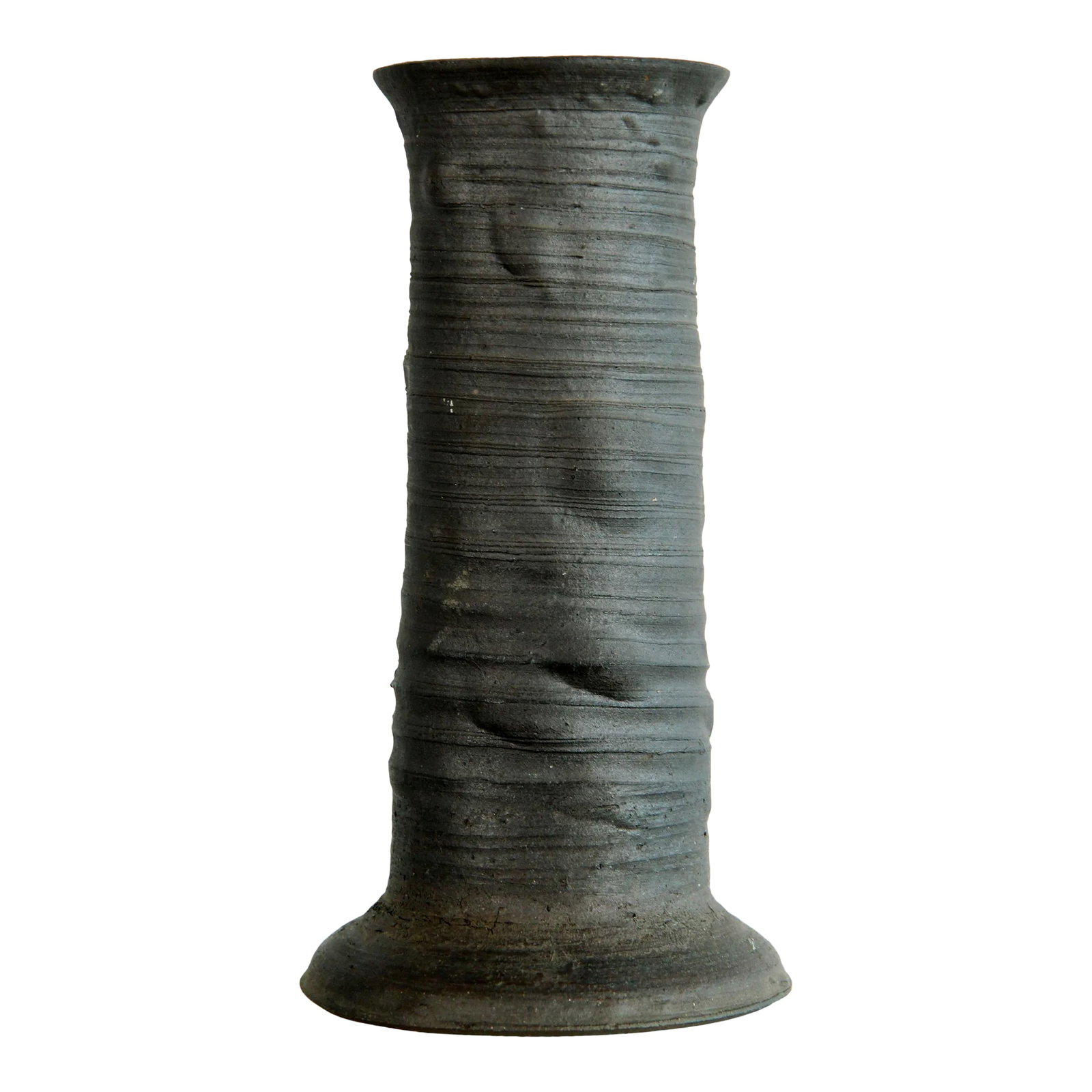 Vintage Black Mid Century Brutalist Ceramic Art Pottery Vase: Awesome vintage c.1950's/60's brutalist art pottery vase in a great deep dark gray, almost black, ceramic! It has a nicely textured feel to it and was thrown to have a slight lean to one side as