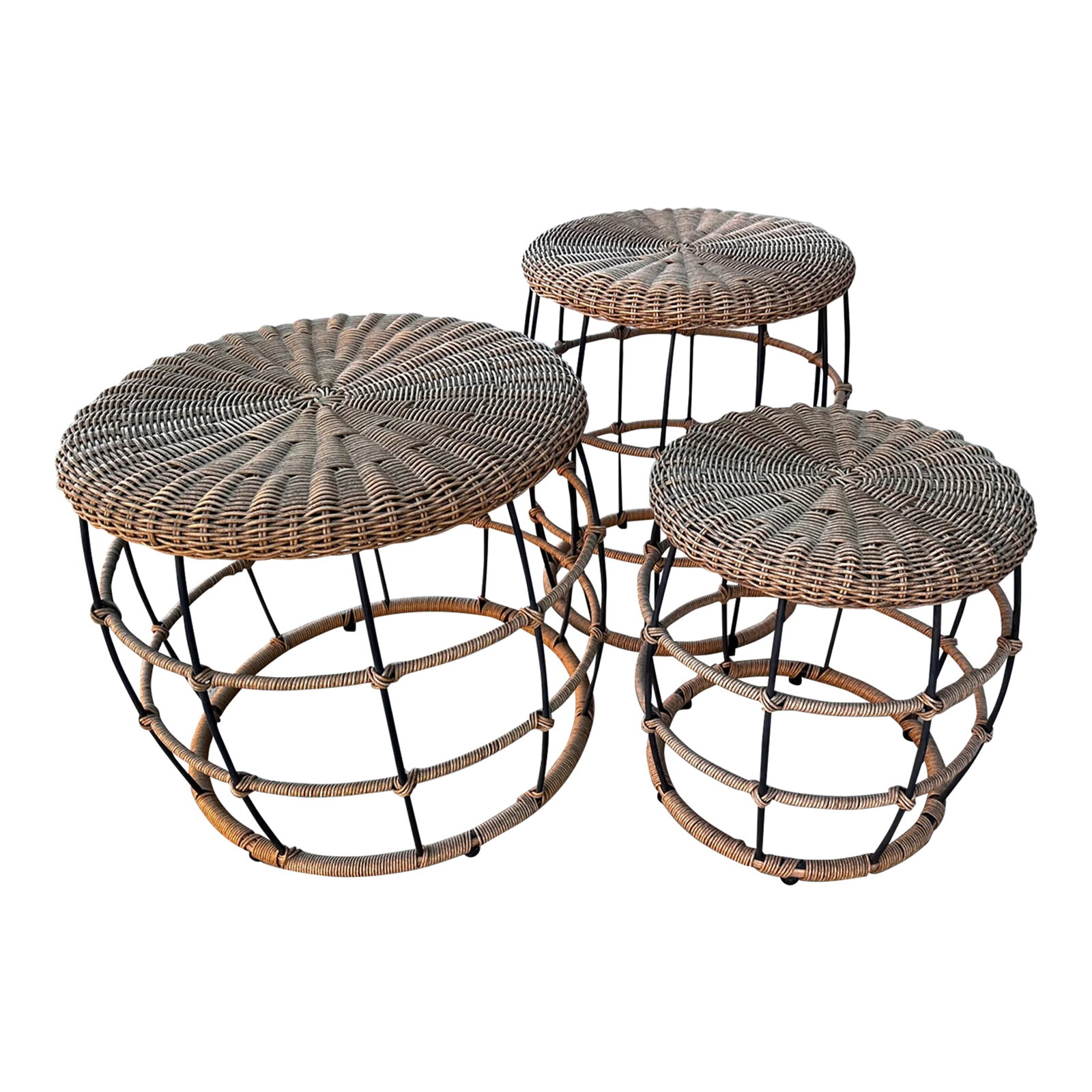 West Elm Style Set of Outdoor Side Tables: Trio of Outdoor Woven Wicker Look w/wrought iron body. Large, Med and Small. Great for the patio and paired with the matching chairs in my other listings. Use as a stool or side table or even plant st