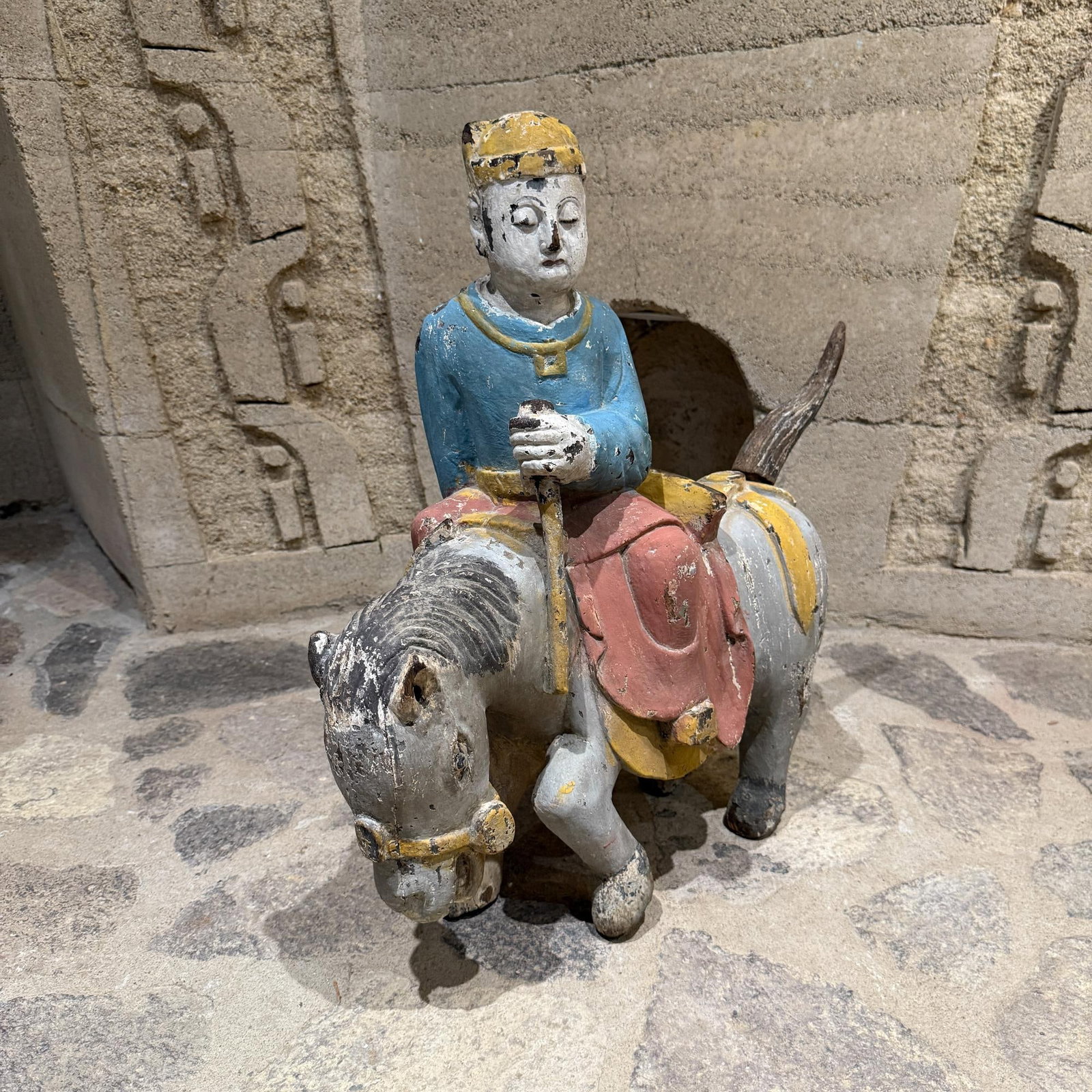 Antique Chinese Colorful Glazed Hand Carved Wood Horse With Rider - 11