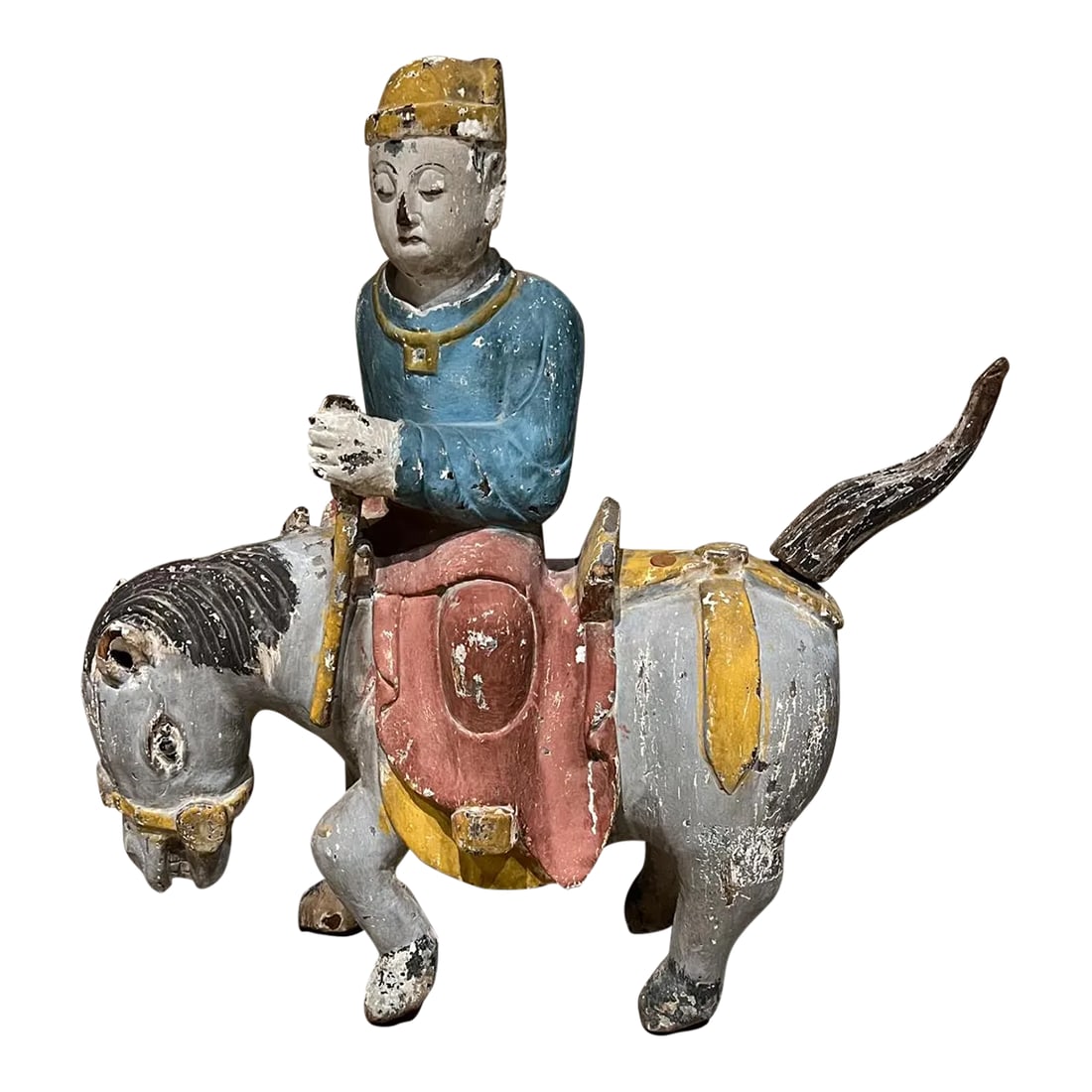 Antique Chinese Colorful Glazed Hand Carved Wood Horse With Rider: For your consideration, an antique Chinese Ming Dynasty hand carved glazed wood horse with rider. Dimensions: 22' H x 22" W x 5.5" D Delivery within 200 miles from San Diego CA is available for an