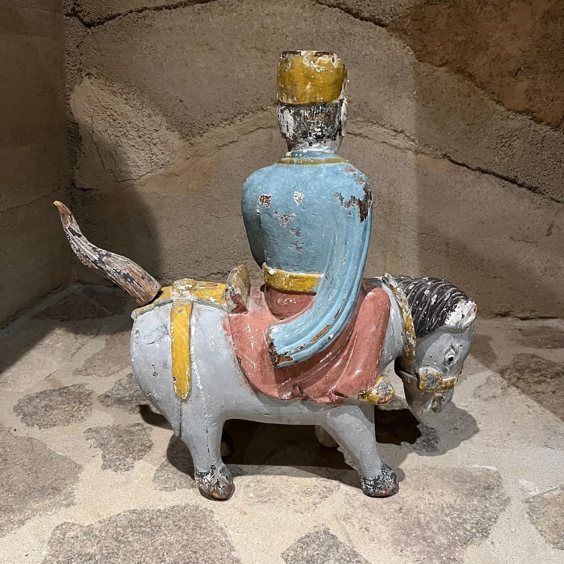 Antique Chinese Colorful Glazed Hand Carved Wood Horse With Rider - 5