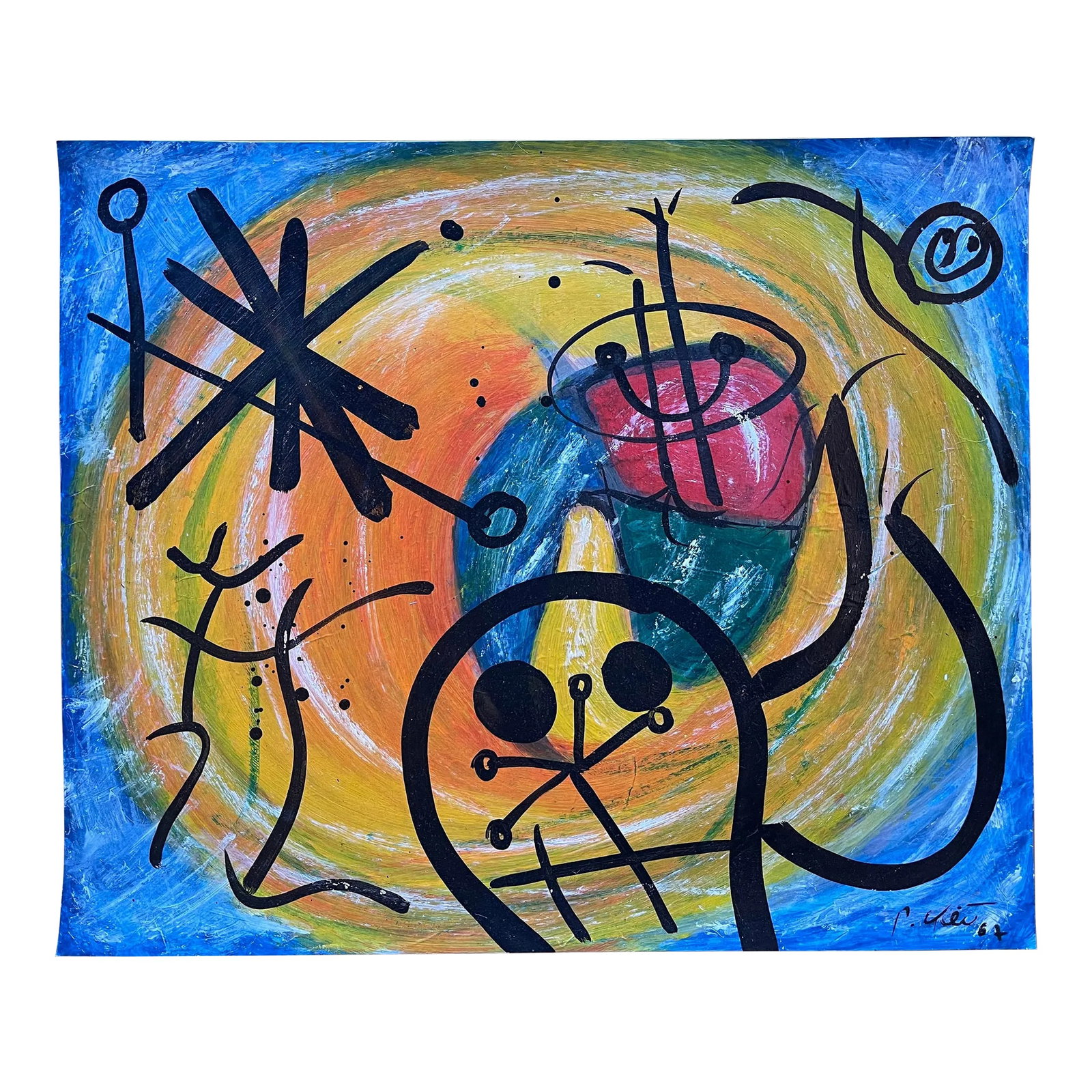 Miróvian Style Painting , Peter Keil, 1967: Peter Keil is a German artist who focuses primarily on abstract expressionism. Keil painted with some of the greats, including Joan Miró, Pablo Picasso and Andy Warhol, to name a few. This is a