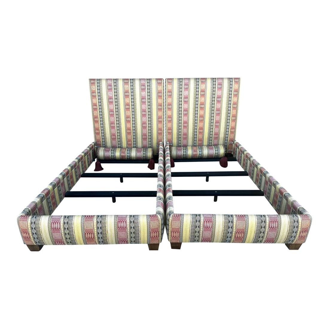 Moroccan Style Twin Upholstered Bed Frame W/Matching Pillows: Beautiful Matching Twin Beds with Matching Pillow w/big tassels. Headboards and Rails are upholstered front and back. Wood legs and slats that are attached. Fabric is a Moroccan style vibe. Check out