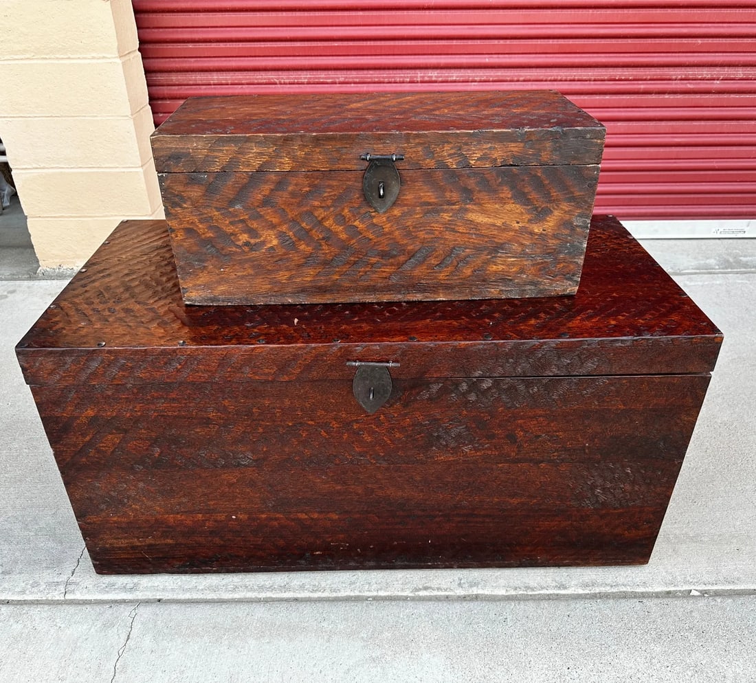Pair of Rustic Distressed Wood Storage Trunks - 2