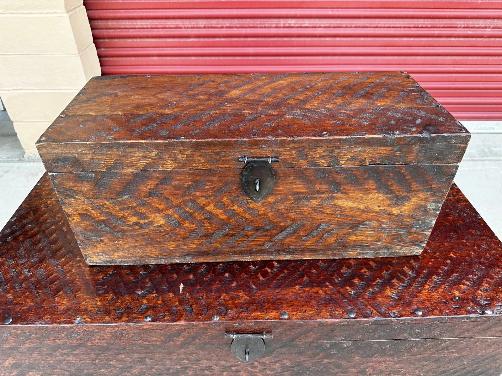 Pair of Rustic Distressed Wood Storage Trunks - 3