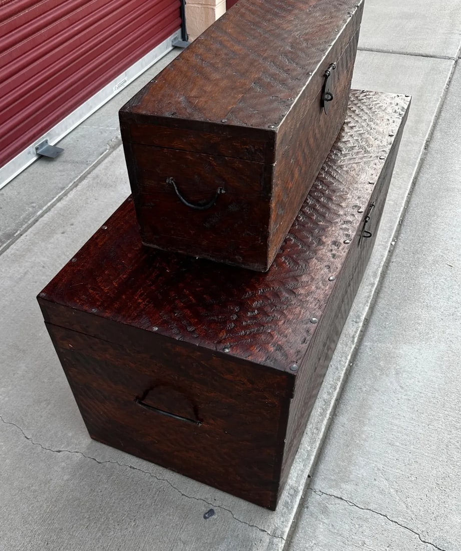 Pair of Rustic Distressed Wood Storage Trunks - 4