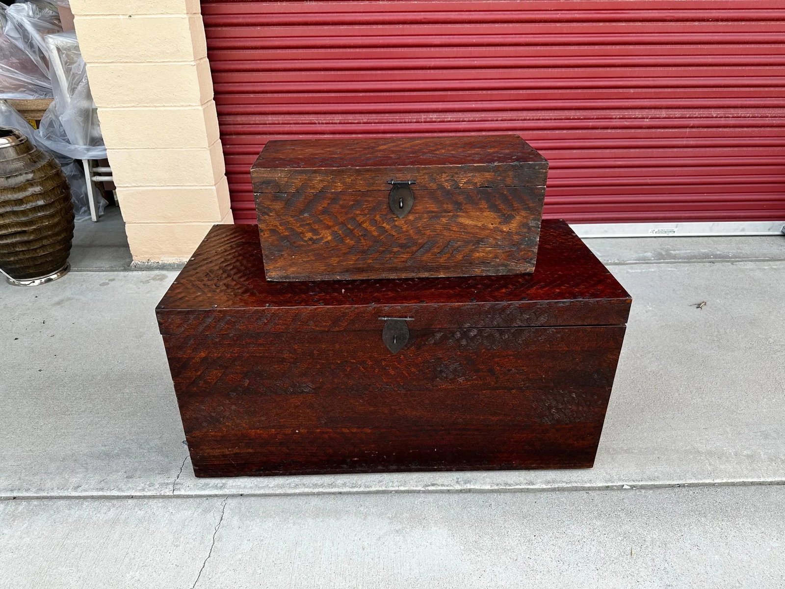 Pair of Rustic Distressed Wood Storage Trunks - 6