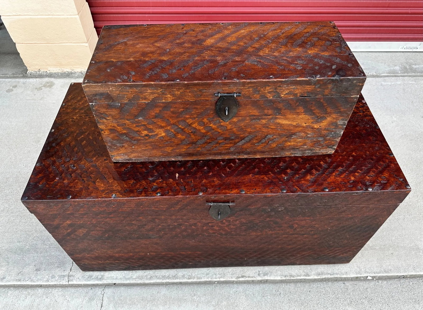 Pair of Rustic Distressed Wood Storage Trunks - 7