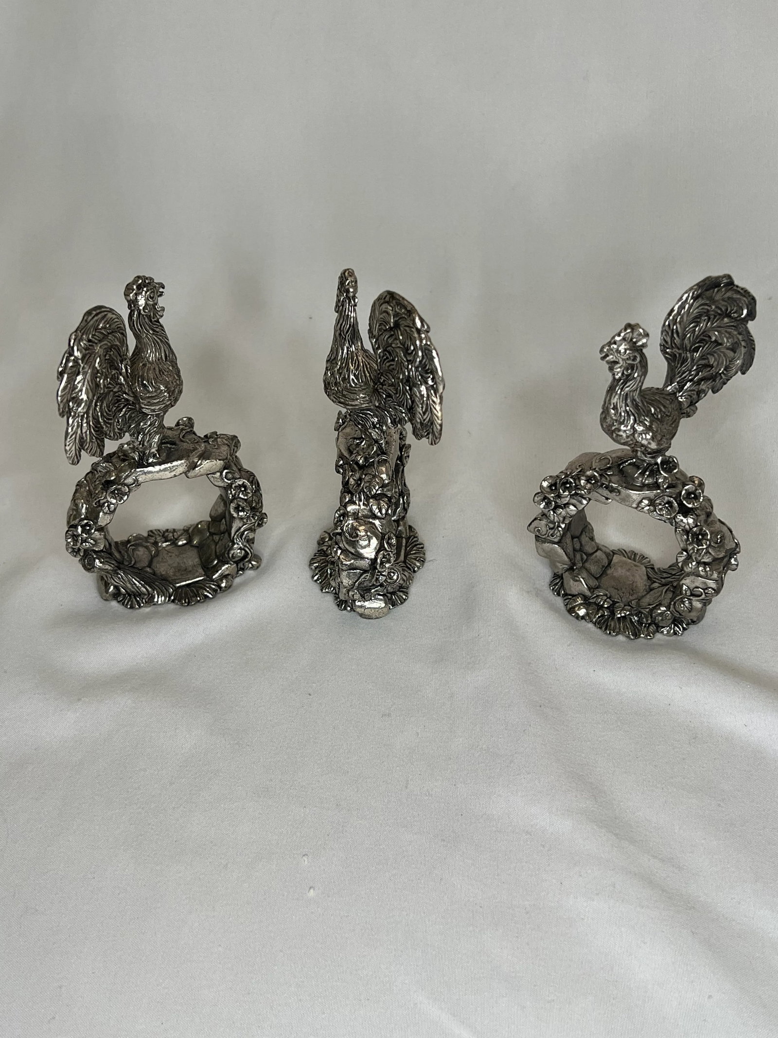 Reed and Barton Silver Rooster Napkin Rings From 1824 Collection Set of 3 - 5