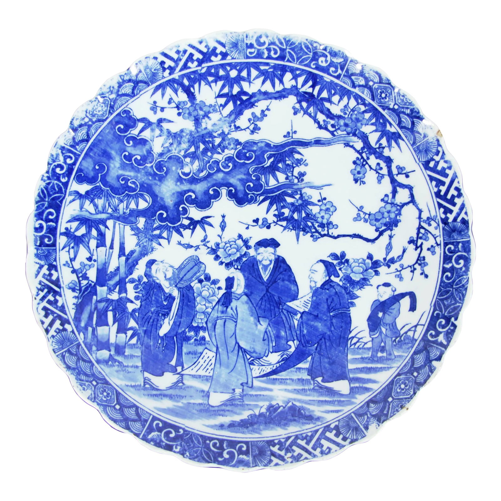 Antique Late 19th Century Meiji Period Japanese Blue & White Porcelain Charger: Absolutely stunning antique 1880's/1890's Japanese Meiji period blue & white porcelain charger! A very whimsical and traditional center decoration depicting men reading texts under a cherry blossom