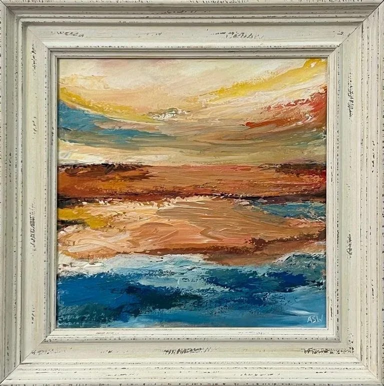 Expressive Abstract Seascape Landscape Painting by Contemporary British Artist: Colourful Expressive Abstract Seascape Landscape Painting with Dramatic Sky by Contemporary British Artist, Angela Wakefield. An impasto painting using palette knife and brush, using earthy pastel