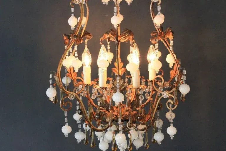 Special Murano Crystal Chandelier White and Brown Amber Cage - 2