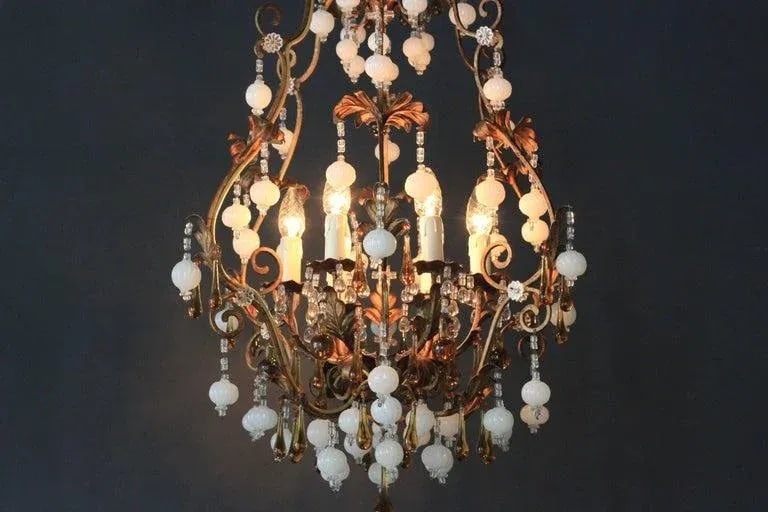 Special Murano Crystal Chandelier White and Brown Amber Cage - 3