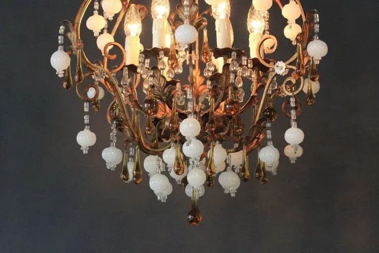 Special Murano Crystal Chandelier White and Brown Amber Cage - 4