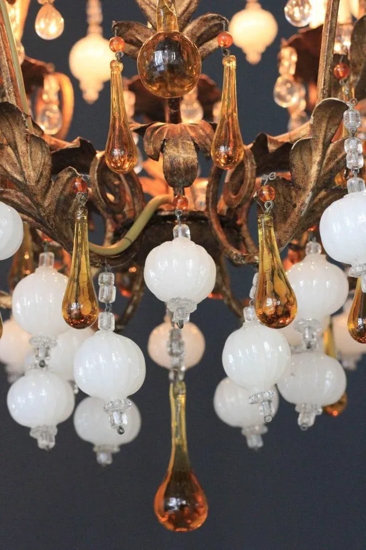 Special Murano Crystal Chandelier White and Brown Amber Cage - 7