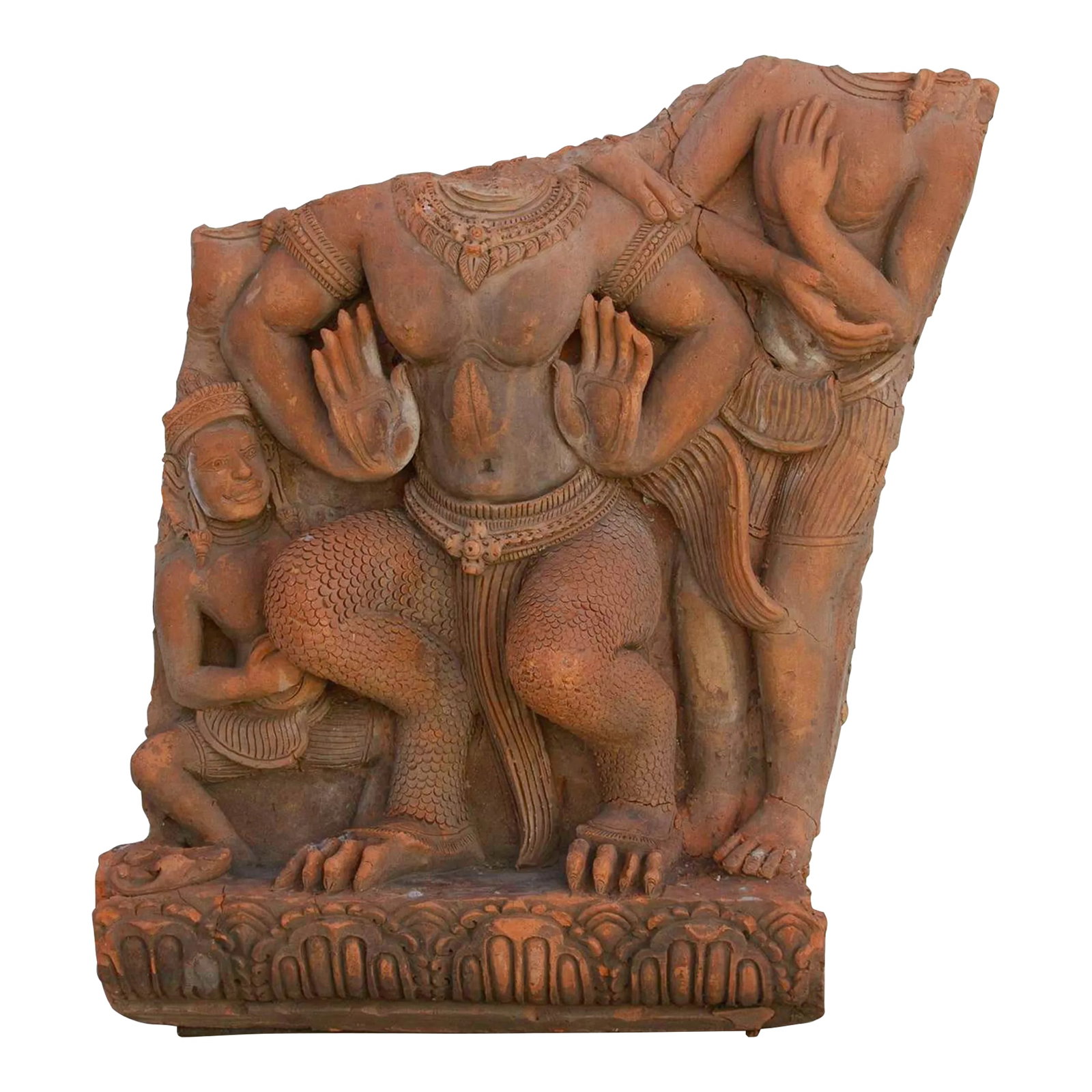Large Antique Thai Terracotta Mythical Statue: A beautiful kinnara wall carving originally part of on old temple or building in Southeast Asia, still seen in countries like Thailand, Cambodia, and Laos. The kinnara is a mythical creature in