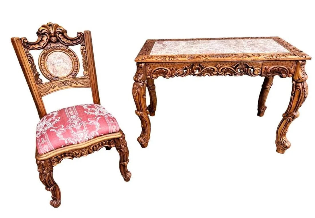 Spanish Baroque Style Heavily Carved Desk and Chair Set With Marble Inserts - Circa 1990 - 11