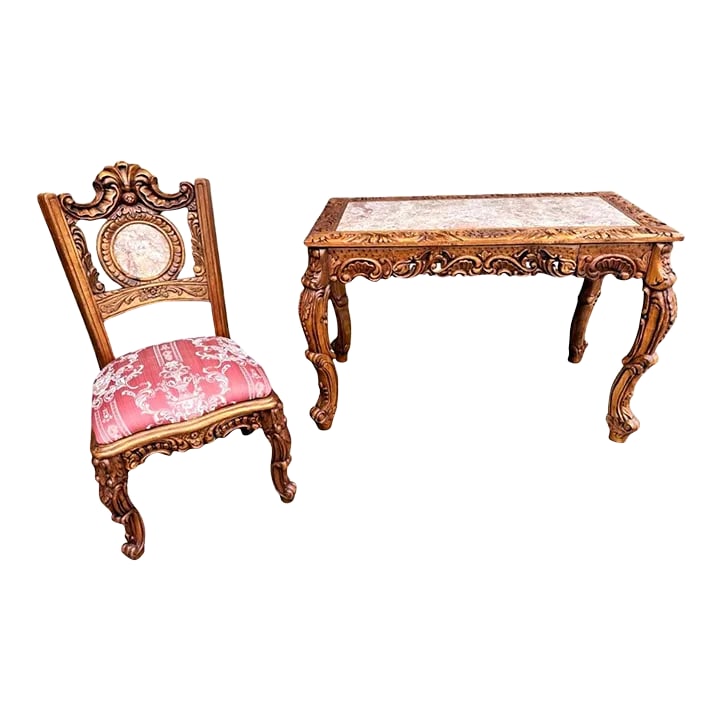 Spanish Baroque Style Heavily Carved Desk and Chair Set With Marble Inserts - Circa 1990: In nearly mint condition, this Spanish baroque style writing desk and chair were only used for display. Gorgeous marble insert desk top and matching marble medallion on the chair backrest. Chair is