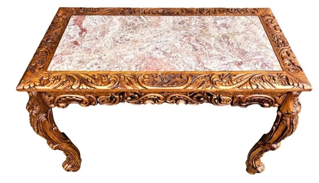 Spanish Baroque Style Heavily Carved Desk and Chair Set With Marble Inserts - Circa 1990 - 2