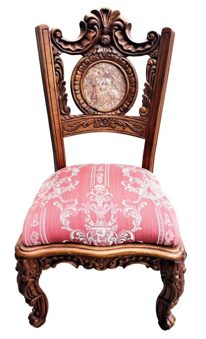 Spanish Baroque Style Heavily Carved Desk and Chair Set With Marble Inserts - Circa 1990 - 3