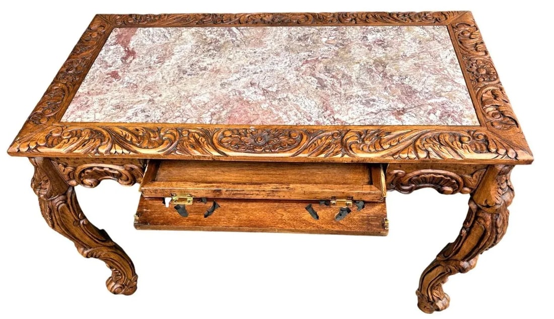 Spanish Baroque Style Heavily Carved Desk and Chair Set With Marble Inserts - Circa 1990 - 4