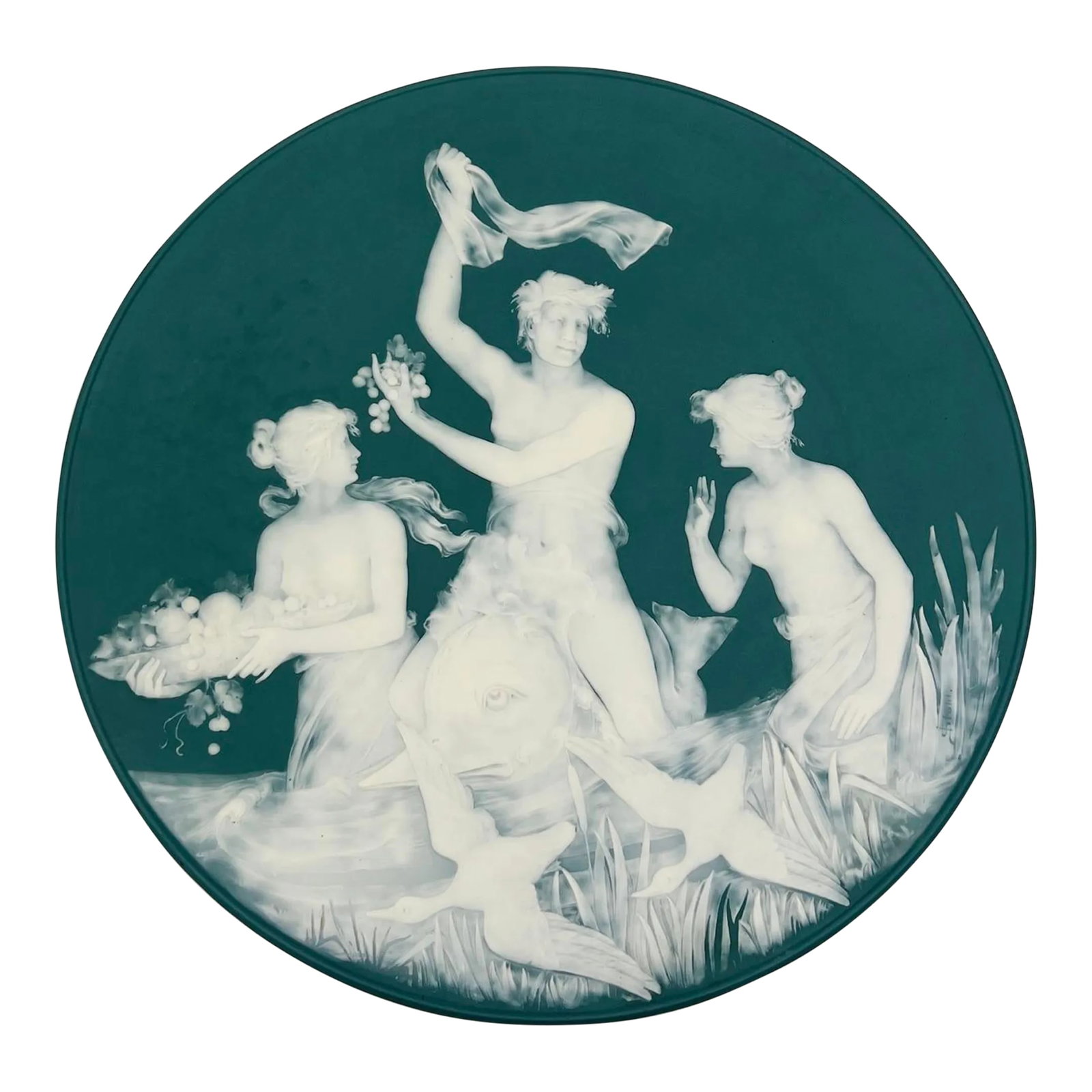 Jean Baptist Stahl Pate-Sur-Pate Neoclassical Phanolith Charger Bacchanalian 21": German Phanolith Charger by Jean Baptist Stahl for Mettlach Villeroy and Boch, circa 1900. Charger is made by the Mettlach factory of Villeroy and Boch, by Jean-Baptiste Stahl (German 1869 – 193