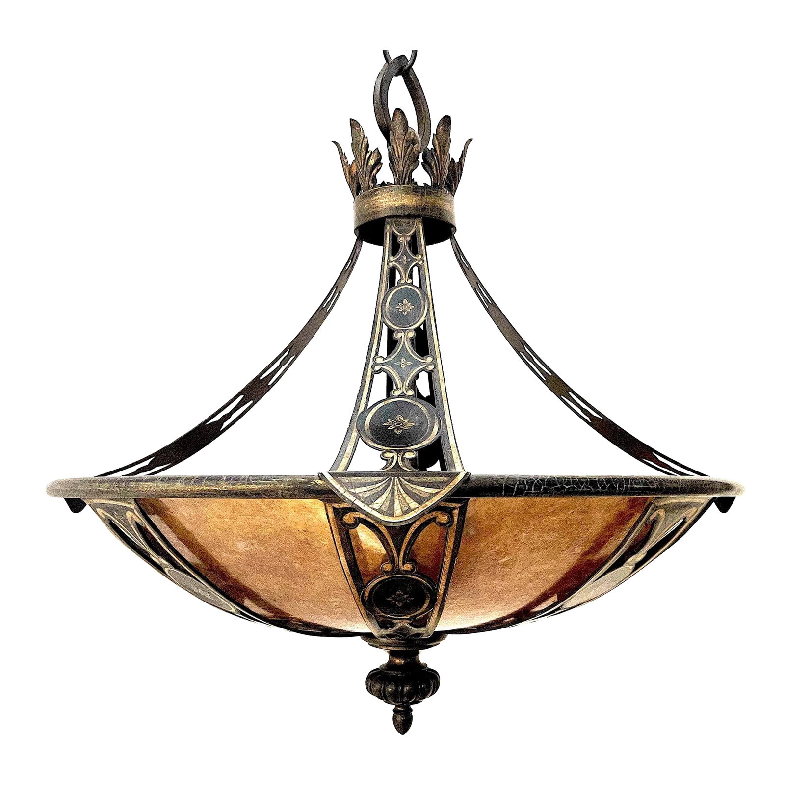 Contemporary Renaissance Inspired Iron & Mica "Avignon" Pendant by Fine Art Lamps: Originally listed at $4,000 by the exclusive Fine Art Lamps Company - this renaissance inspired pendant was created in 2011. Four intricately decorated curved arms descend below an acanthus leaf