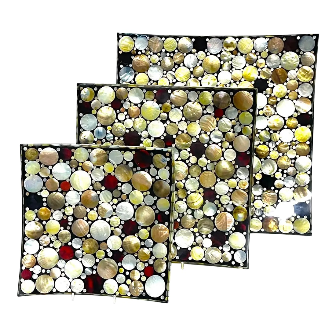 Late 20th Century Colorful Graduated Inlaid Shell 'Dots Obsession' Pattern Concave Trays - Set of 3: Three colorful graduated inlaid shell 'Dots Obsession' pattern concave trays Attributed to the workshops of Maitland-Smith Retailed by Shawana Storey, San Francisco Three large scale, graduating