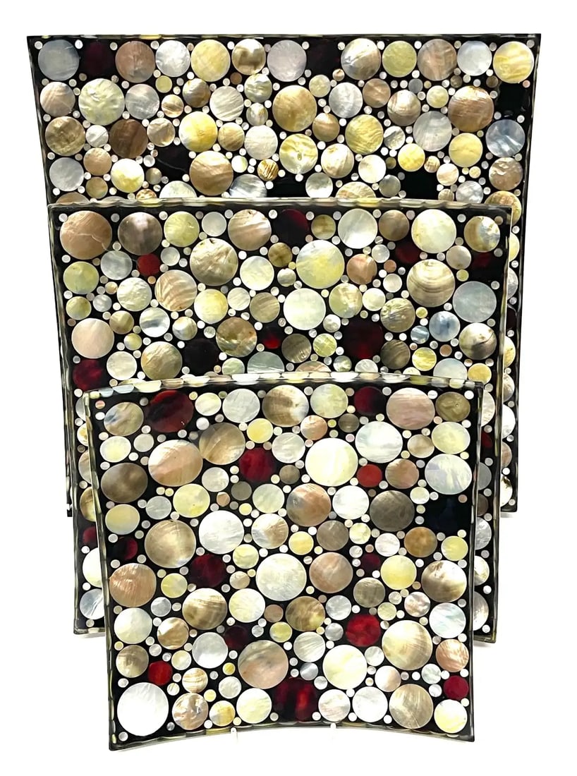 Late 20th Century Colorful Graduated Inlaid Shell 'Dots Obsession' Pattern Concave Trays - Set of 3 - 9
