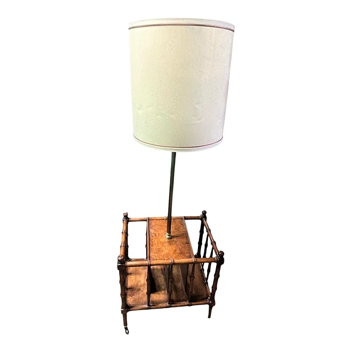 Faux Bamboo Fruitwood and Burlwood Canterbury Style Magazine Table and Floor Lamp - Vintage Mid 20th: Anglo-Indian meets Hollywood Regency in this charming faux bamboo piece made with fruitwood and Burlwood. It has cozy compartments for books or magazines. Original mid-century shade. Brass casters.