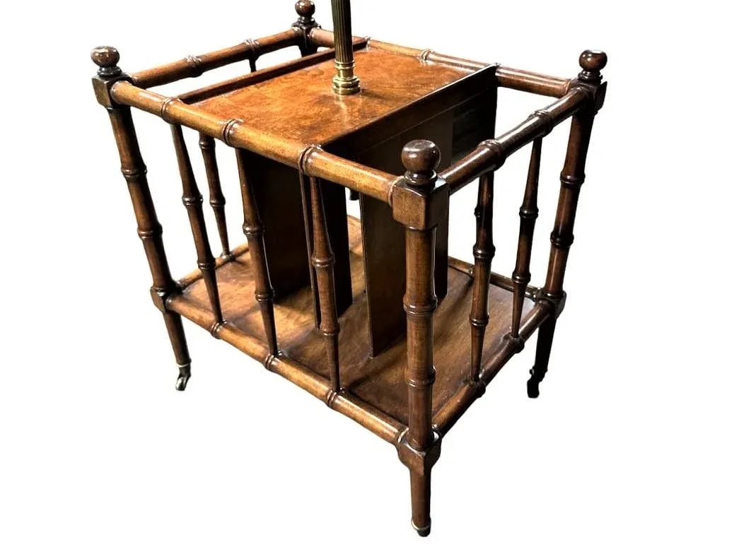 Faux Bamboo Fruitwood and Burlwood Canterbury Style Magazine Table and Floor Lamp - Vintage Mid 20th - 2