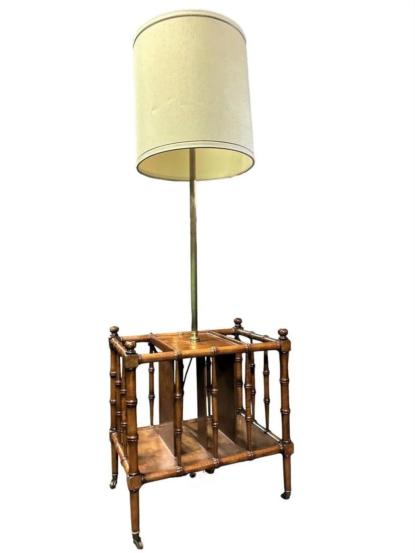 Faux Bamboo Fruitwood and Burlwood Canterbury Style Magazine Table and Floor Lamp - Vintage Mid 20th - 3
