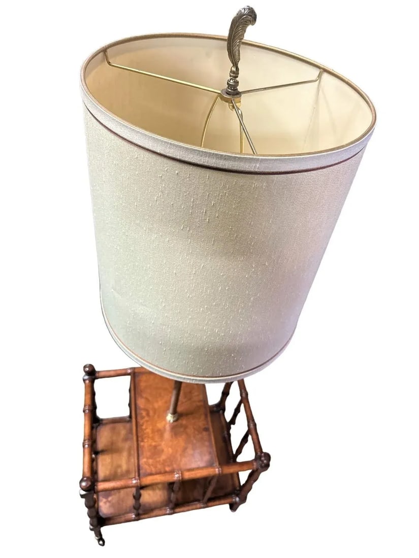 Faux Bamboo Fruitwood and Burlwood Canterbury Style Magazine Table and Floor Lamp - Vintage Mid 20th - 4