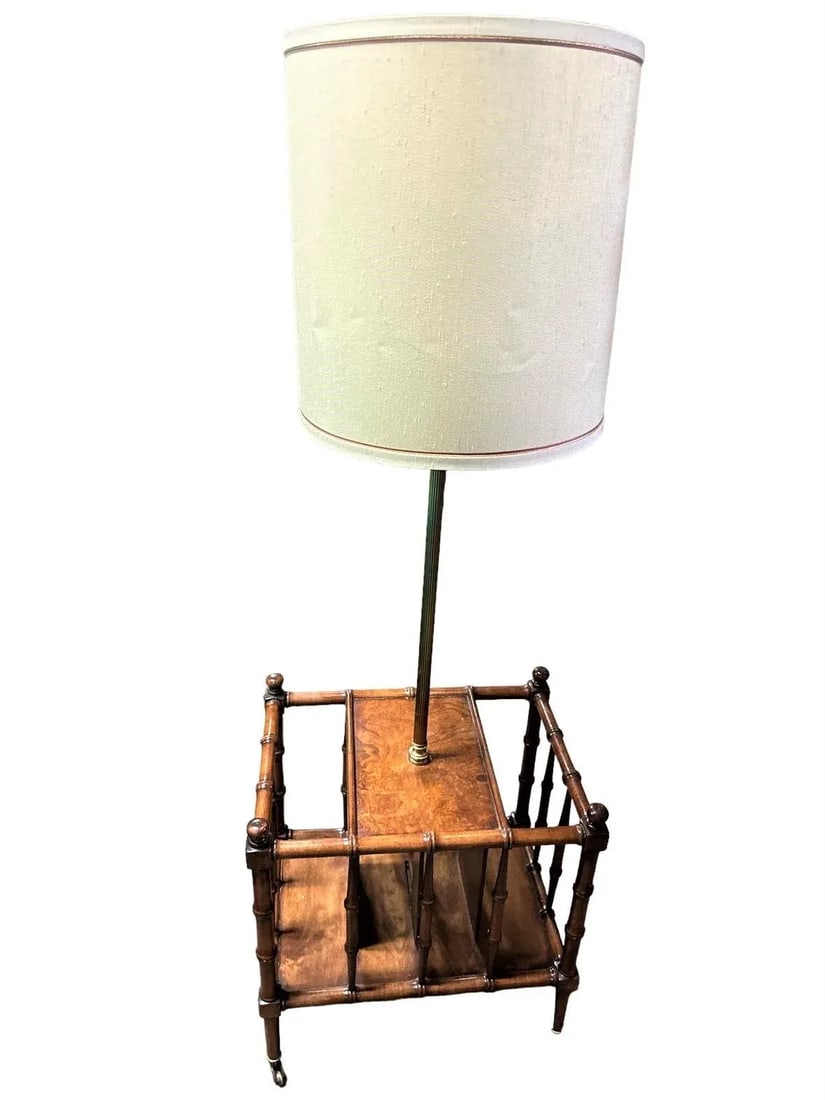 Faux Bamboo Fruitwood and Burlwood Canterbury Style Magazine Table and Floor Lamp - Vintage Mid 20th - 8