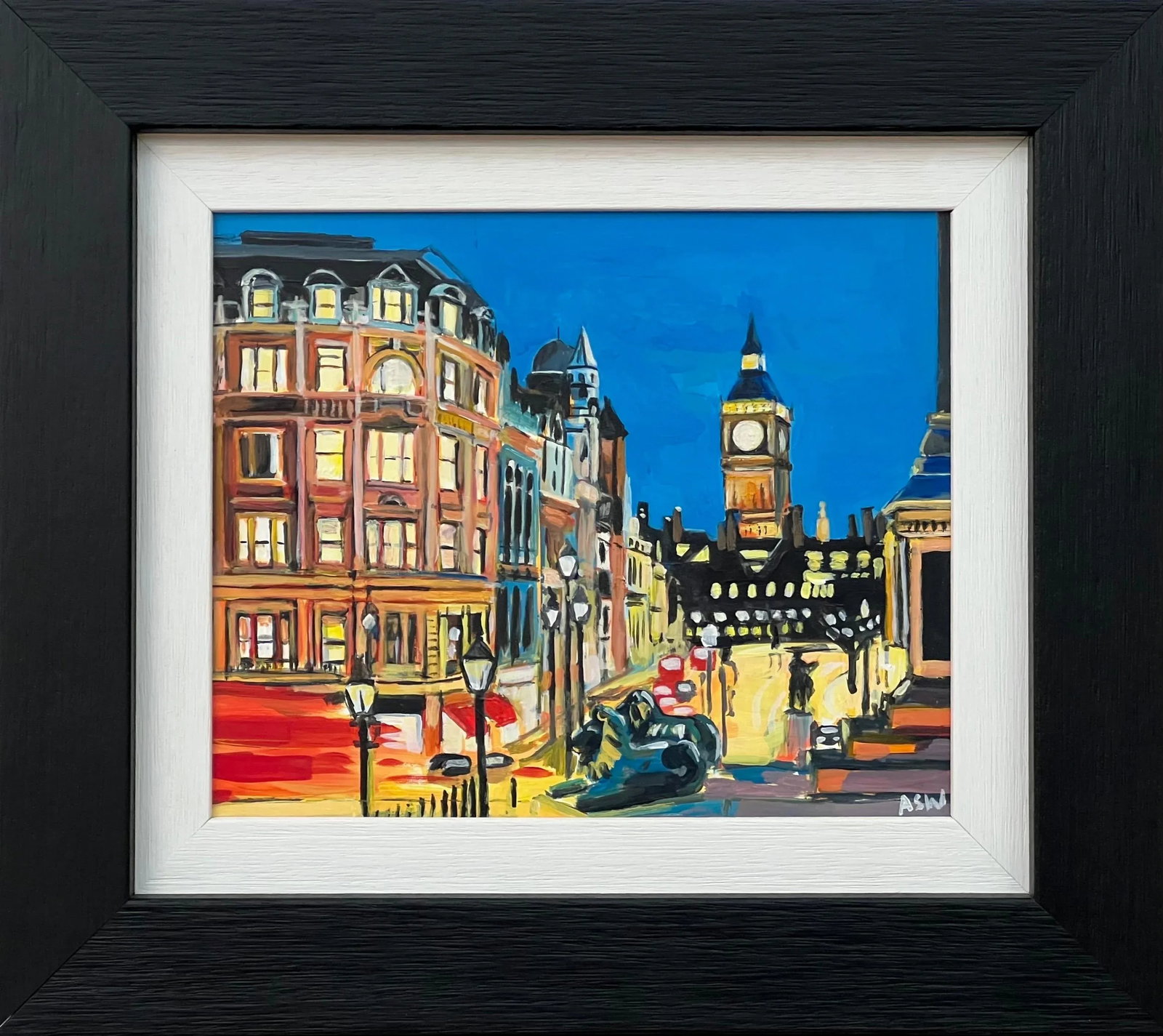 Original Painting of Big Ben From Trafalgar Square in London a Miniature Study by Contemporary Artis: Miniature Original Painting of Big Ben from Trafalgar Square in London, using bold primary colours. A unique original painting study from Contemporary British Artist, Angela Wakefield. Art measures 9 
