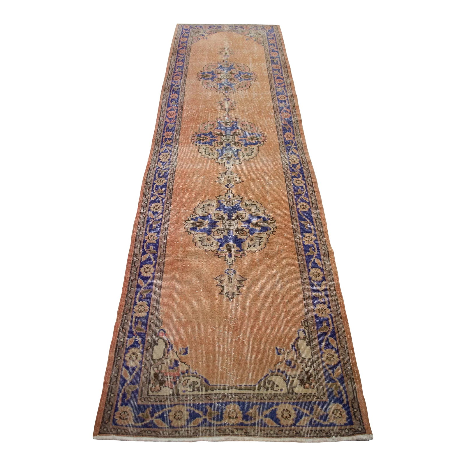 Hand-Knotted Turkish Runner Rug Faded Colors Low Pile - 2'12"³ X 10'10"³: Woven in the 1970s at a women's cooperative workshop in the Sille district of Konya, this striking Central Anatolian runner draws profound inspiration from classic Ottoman Oushak designs. Crafted