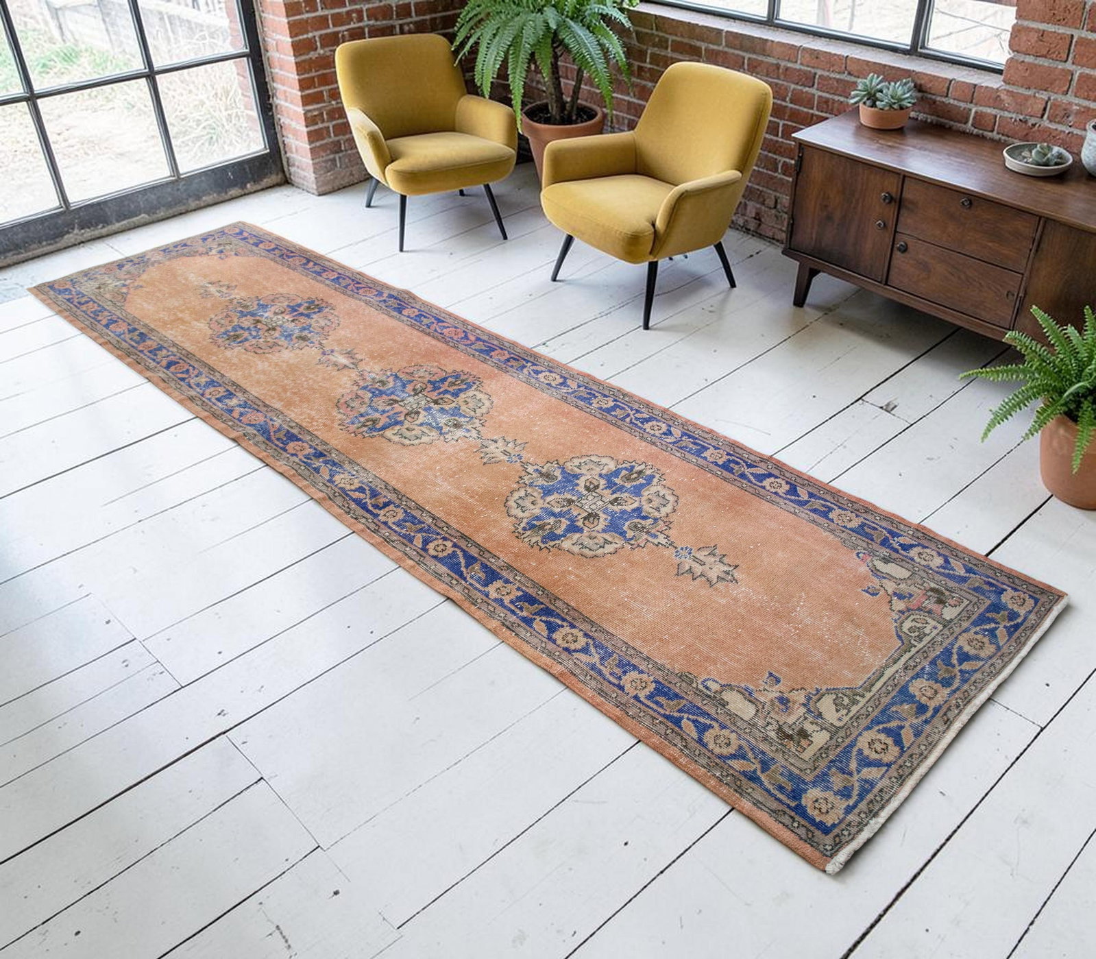 Hand-Knotted Turkish Runner Rug Faded Colors Low Pile - 2'12"³ X 10'10"³ - 2