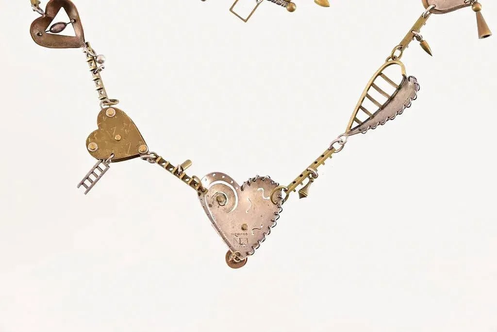 Vintage Thomas Mann Sterling and Brass Heart Charm Necklace - 10